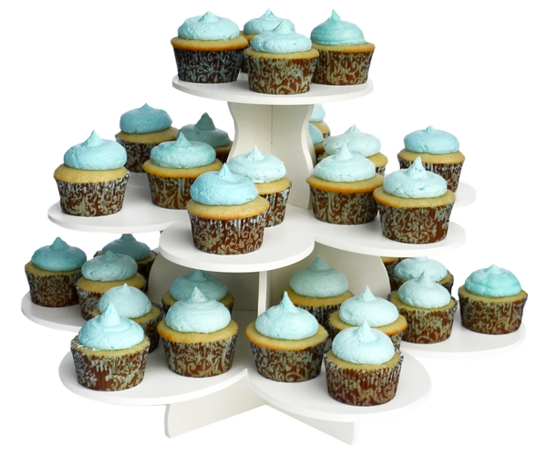 3 tier flower cupcake tower with cupcakes